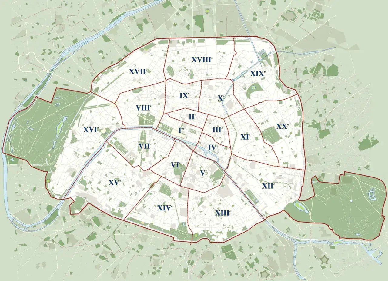 Mapa Paryża z zaznaczonymi dzielnicami turystycznymi