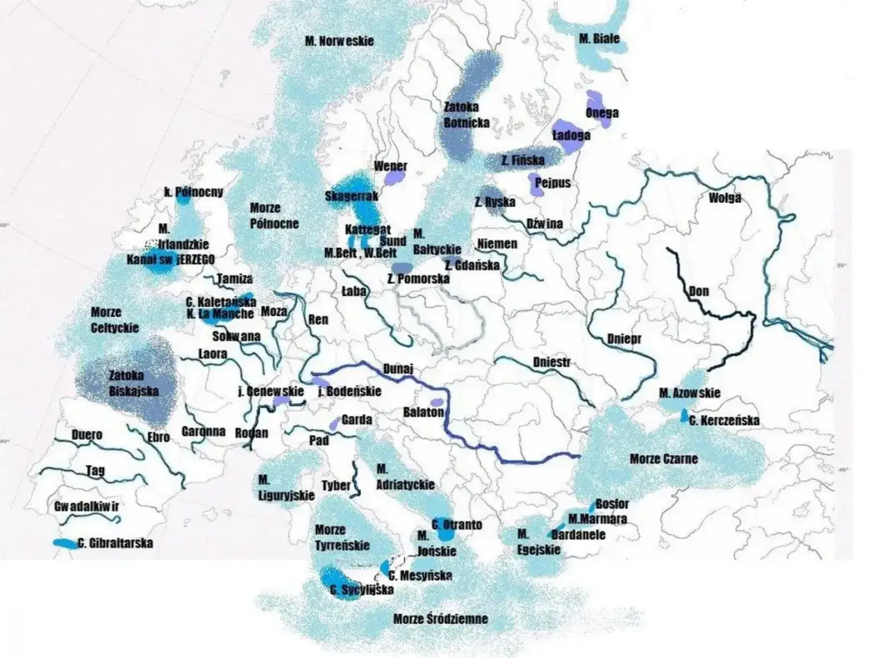 Mapa największych jezior Europy z zaznaczonymi jeziorami