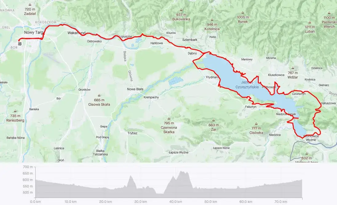 Mapa Velo Czorsztyn z zaznaczonymi wypożyczalniami