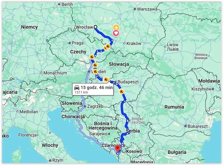 Mapa tras Polska Czarnogóra z zaznaczonymi punktami noclegowymi
