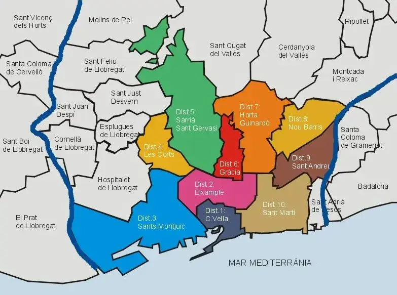 Mapa dzielnic Barcelony z wyr&oacute;żnionymi obszarami