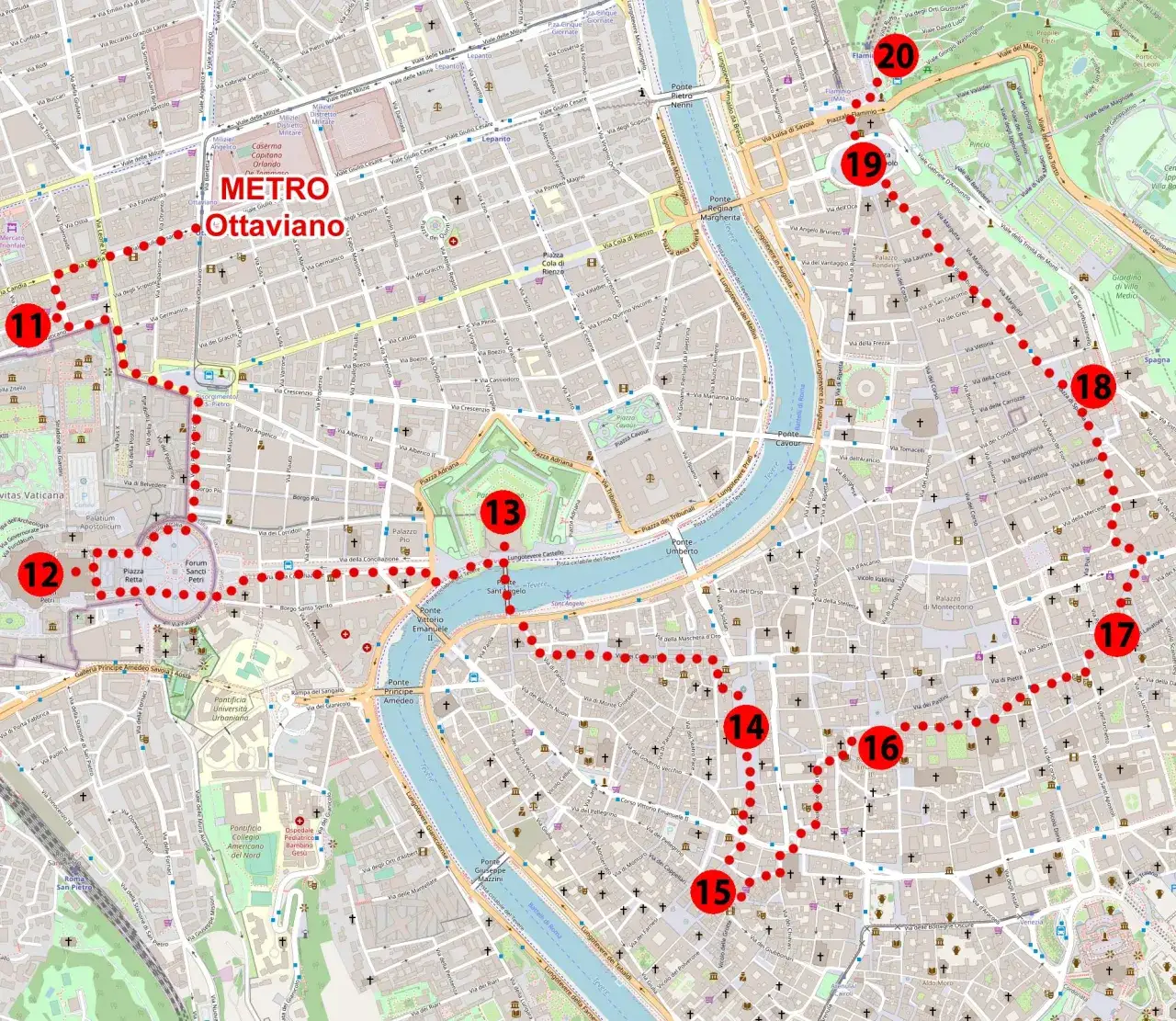 Mapa dzielnic Rzymu z zaznaczonymi atrakcjami